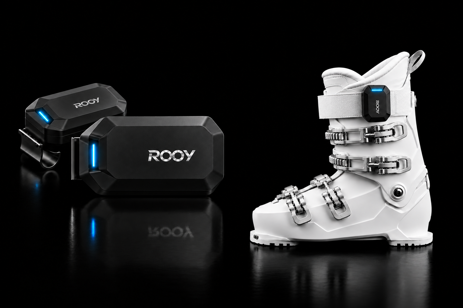 ROOY sensor fitted to a white ski boot