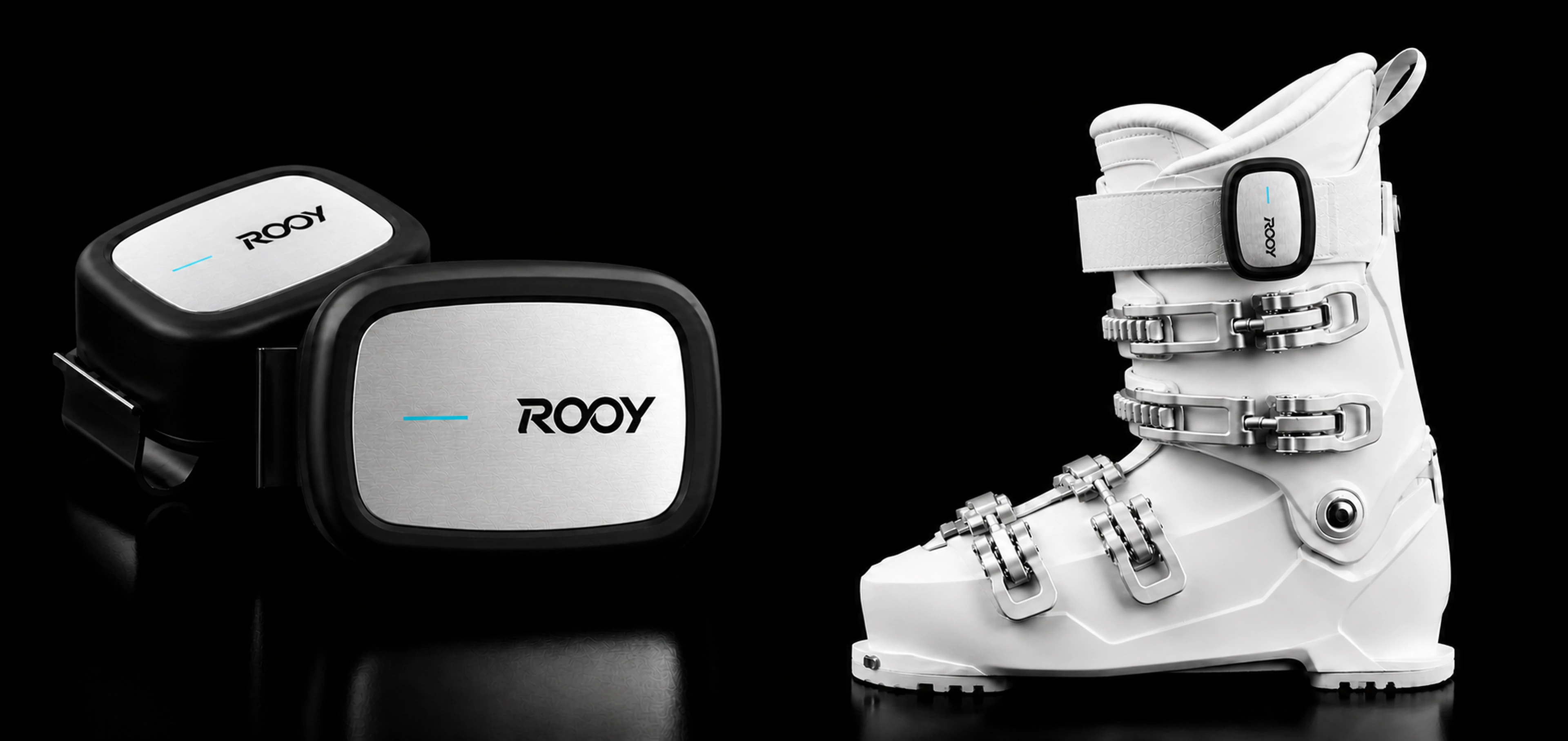 ROOY sensor close-up beside a white ski boot